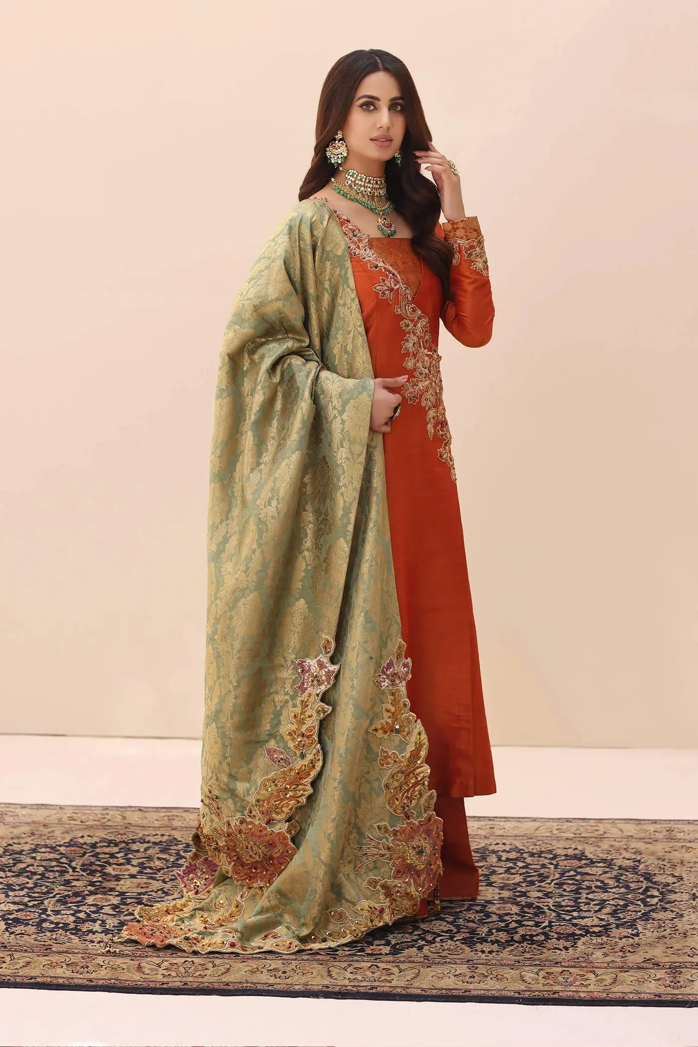 Traditional Orange Embroidered Pakistani Salwar Kameez Dupatta Suit
