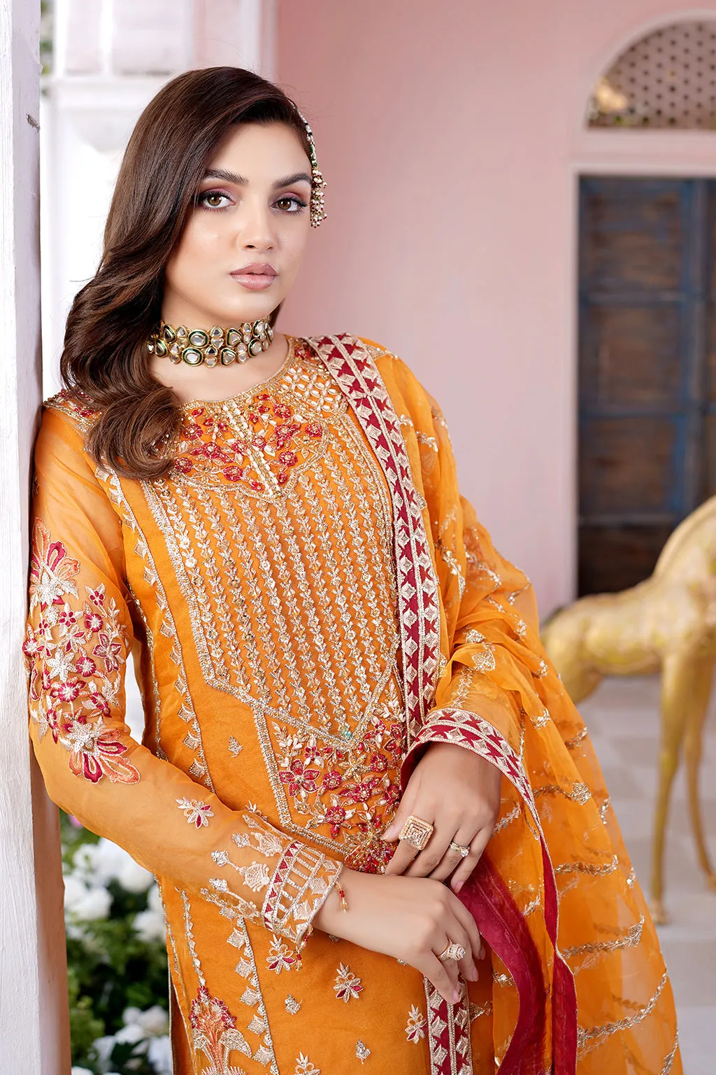 Traditional Orange Embroidered Pakistani Salwar Kameez Dupatta Suit