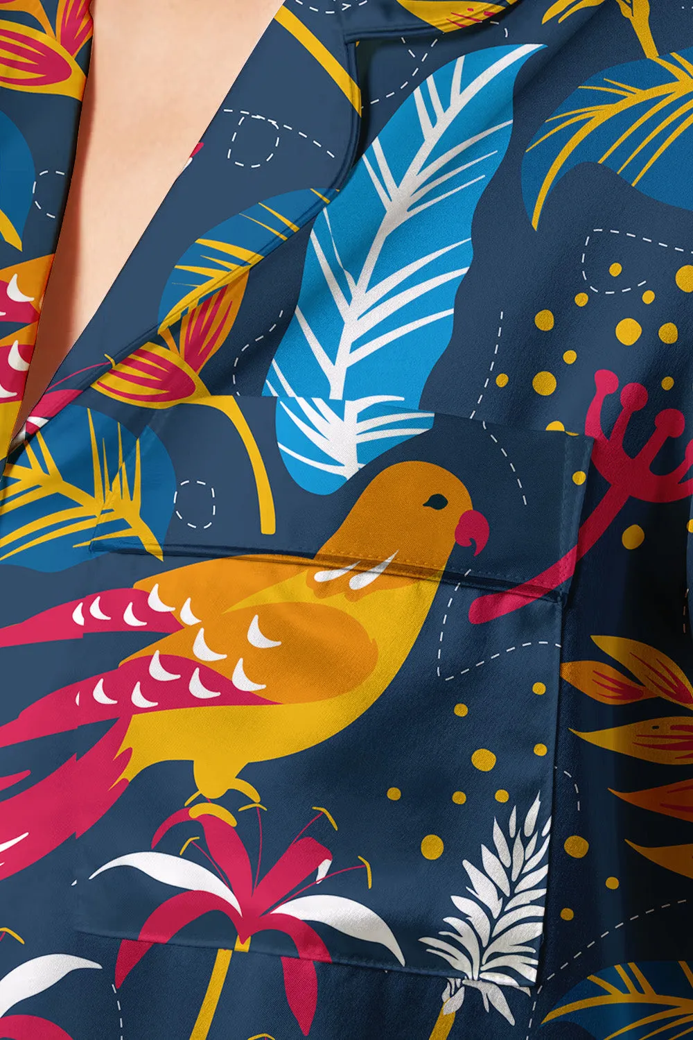 Tropic Chirp – Tropical Bird & Leaf Satin Pajama Set