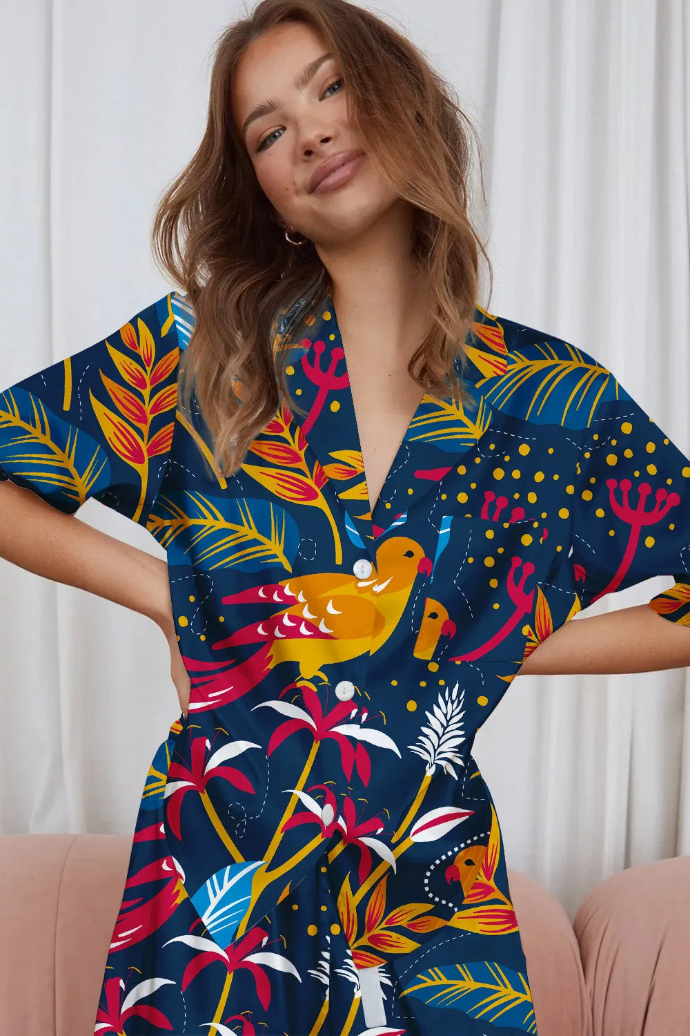 Tropic Chirp – Tropical Bird & Leaf Satin Pajama Set