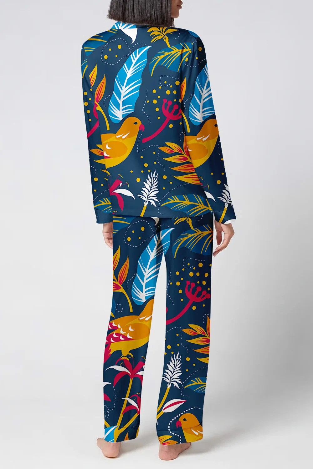 Tropic Chirp – Tropical Bird & Leaf Satin Pajama Set