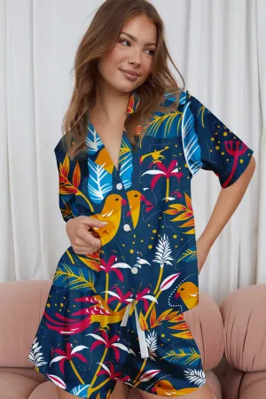 Tropic Chirp – Tropical Bird & Leaf Satin Pajama Set