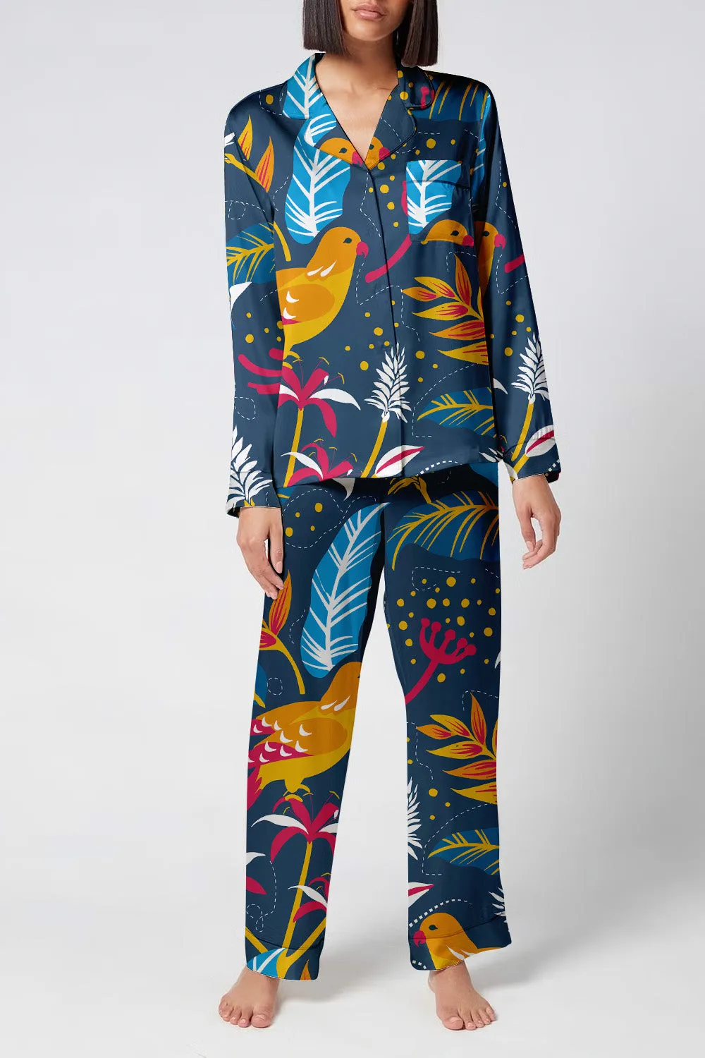 Tropic Chirp – Tropical Bird & Leaf Satin Pajama Set