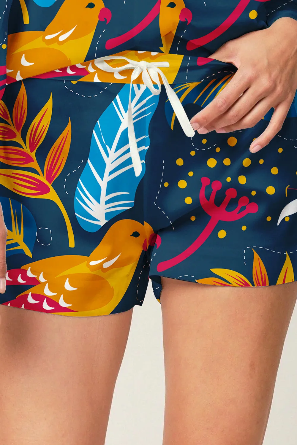 Tropic Chirp – Tropical Bird & Leaf Satin Pajama Set