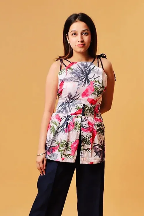 Tropical Printed Top With Blue Formal Pants