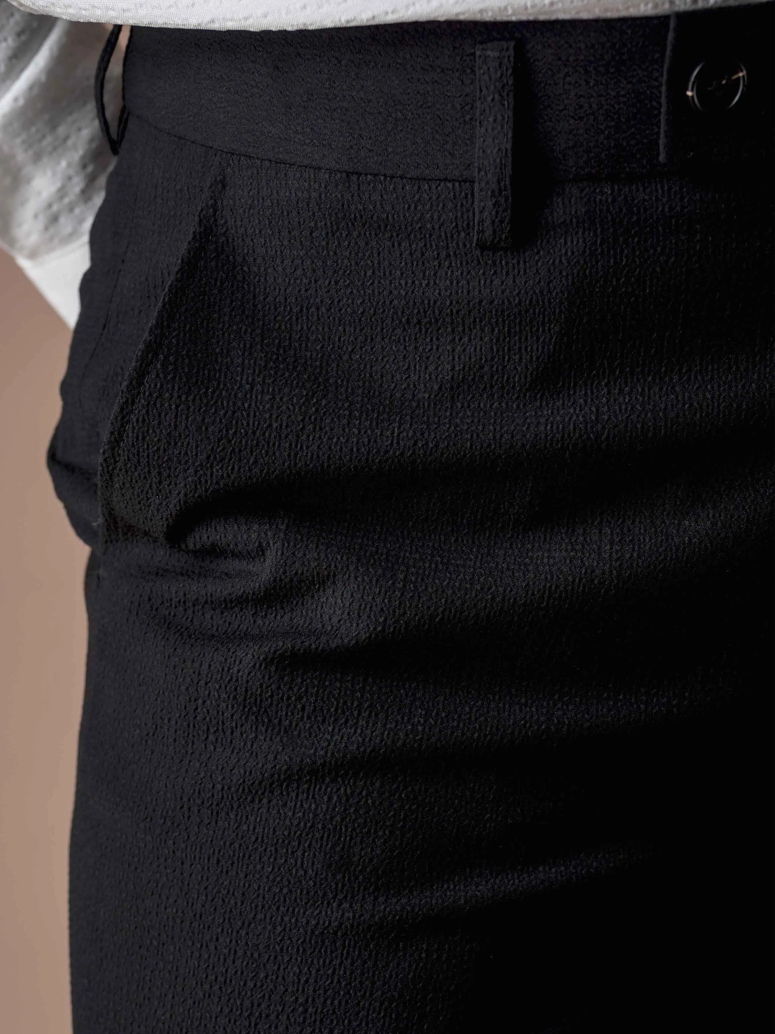 Trousers With Belt Loop - Seersucker Black Plain (Slim Straight)