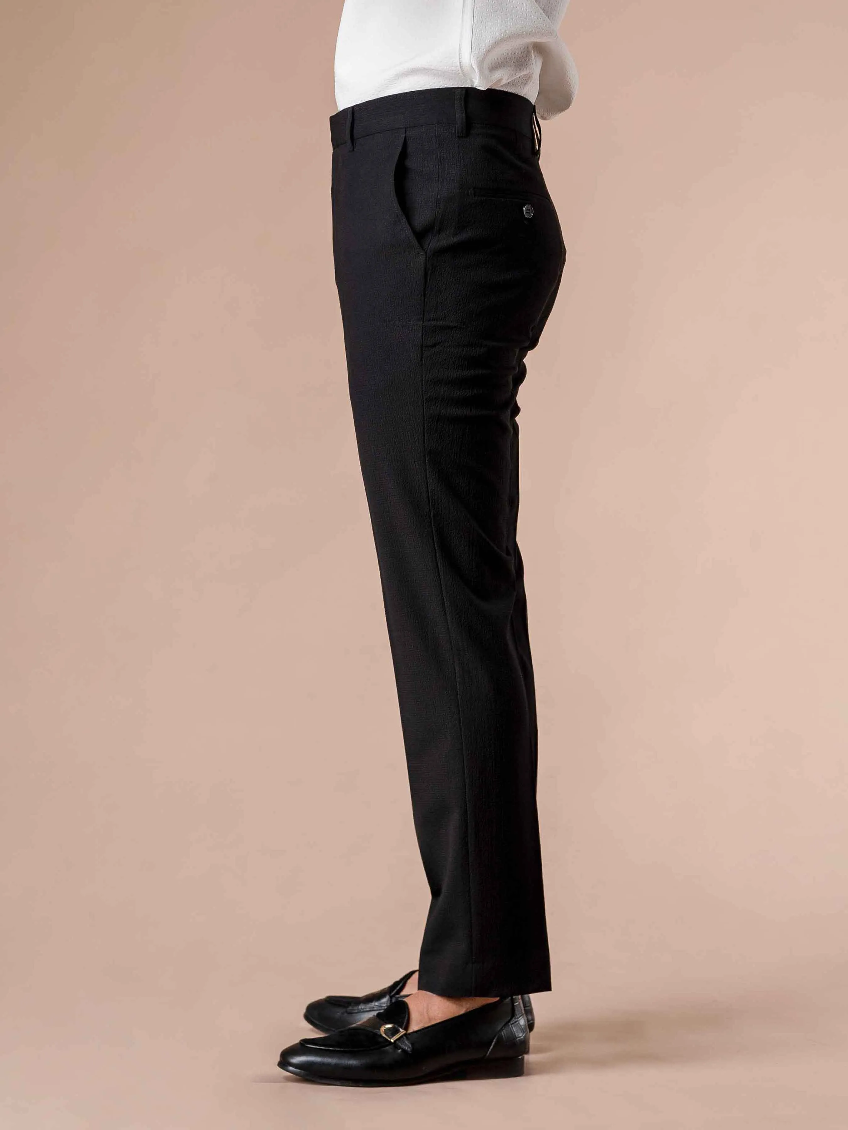 Trousers With Belt Loop - Seersucker Black Plain (Slim Straight)