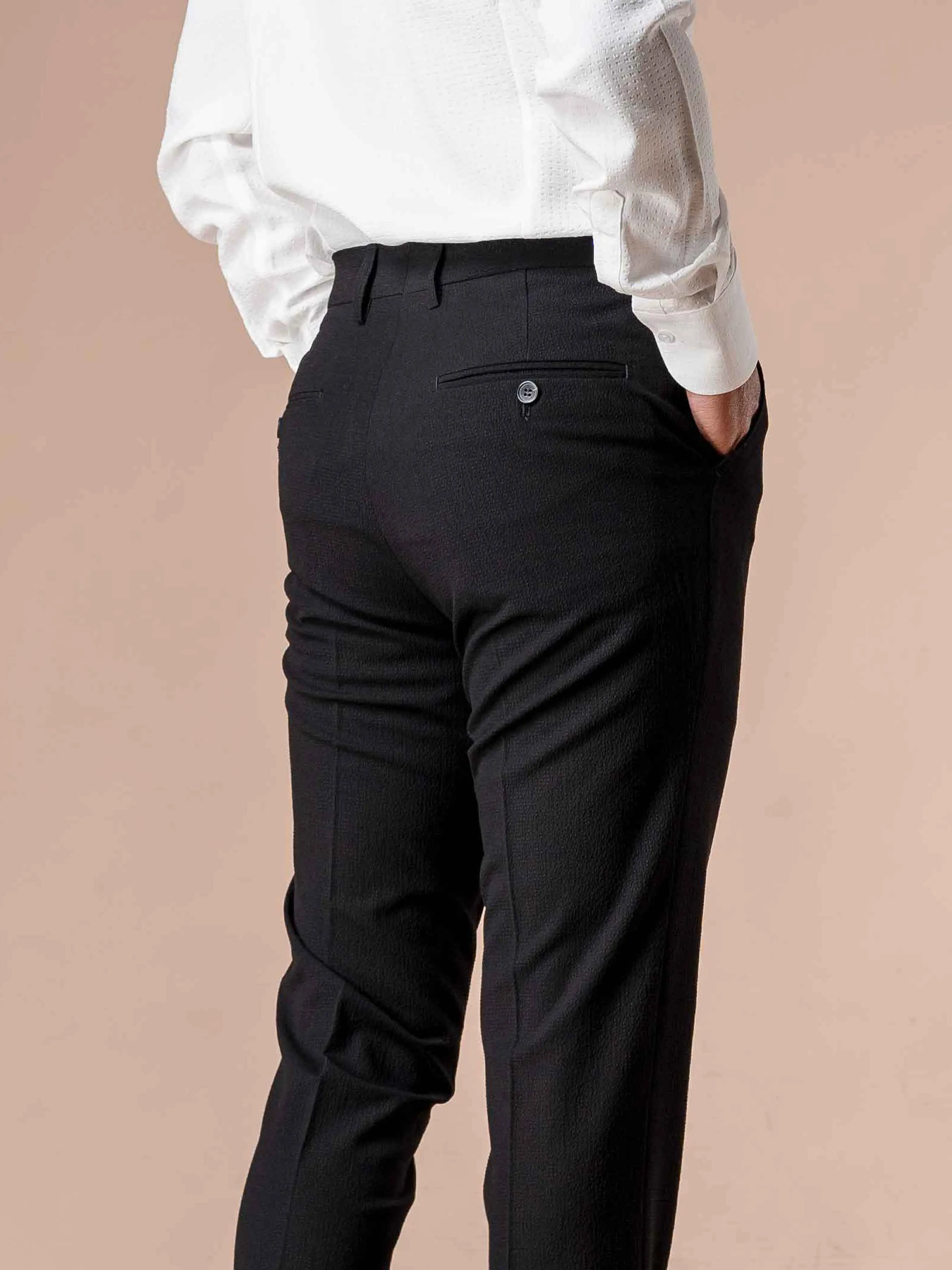 Trousers With Belt Loop - Seersucker Black Plain (Slim Straight)