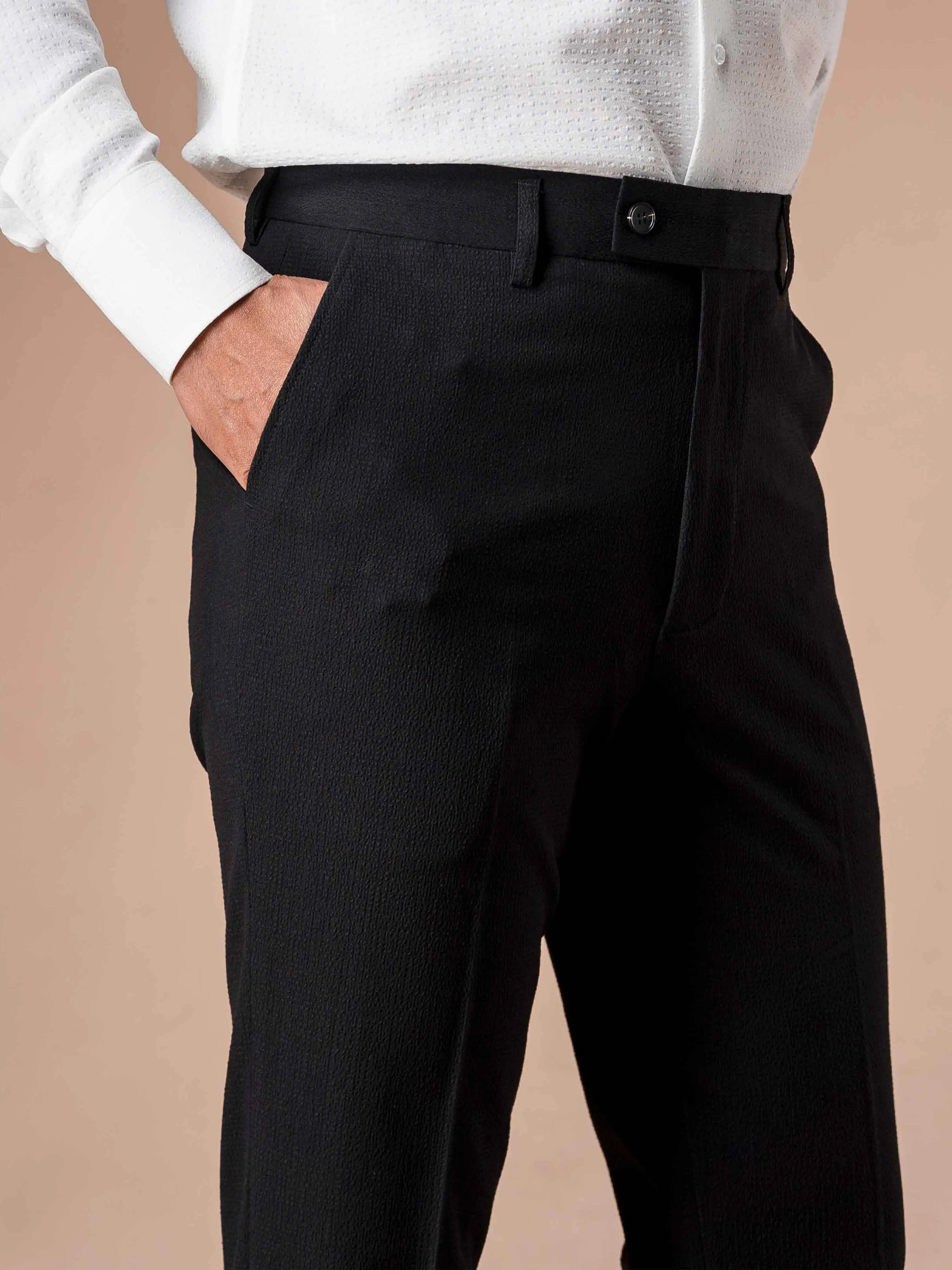 Trousers With Belt Loop - Seersucker Black Plain (Slim Straight)