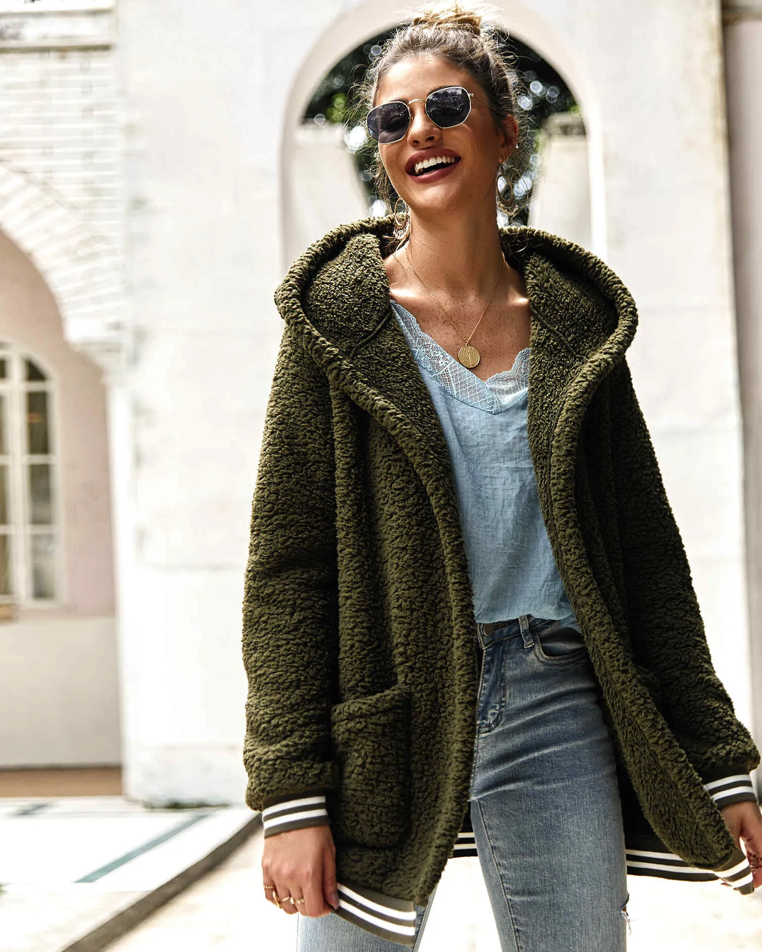 Turn Down Collar Hooded Fluffy Outwear Coats