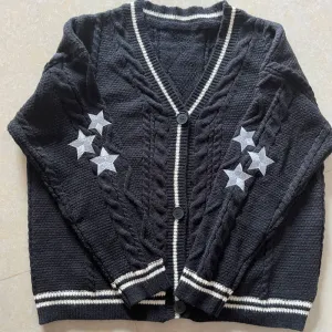 V Neck Long Sleeve Star Print Knitted Cardigan Sweater