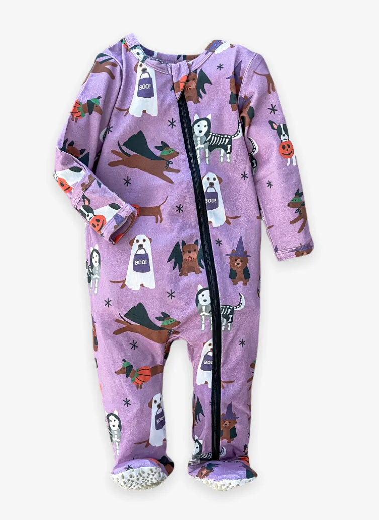 Velvet Fawn Purple Howl-O-Ween Zipper Baby Footie Jammie