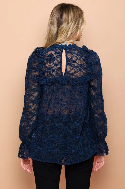 Velvet Laced Top In Navy Color