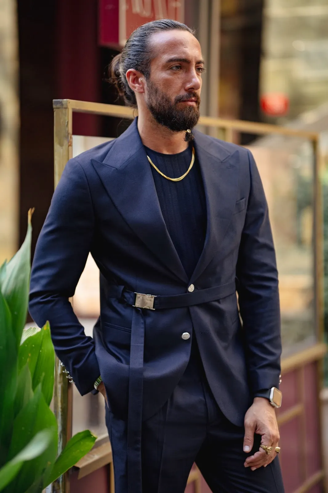 Vespo Navy Blue Buckle Suit - Perfect for Every Occasion