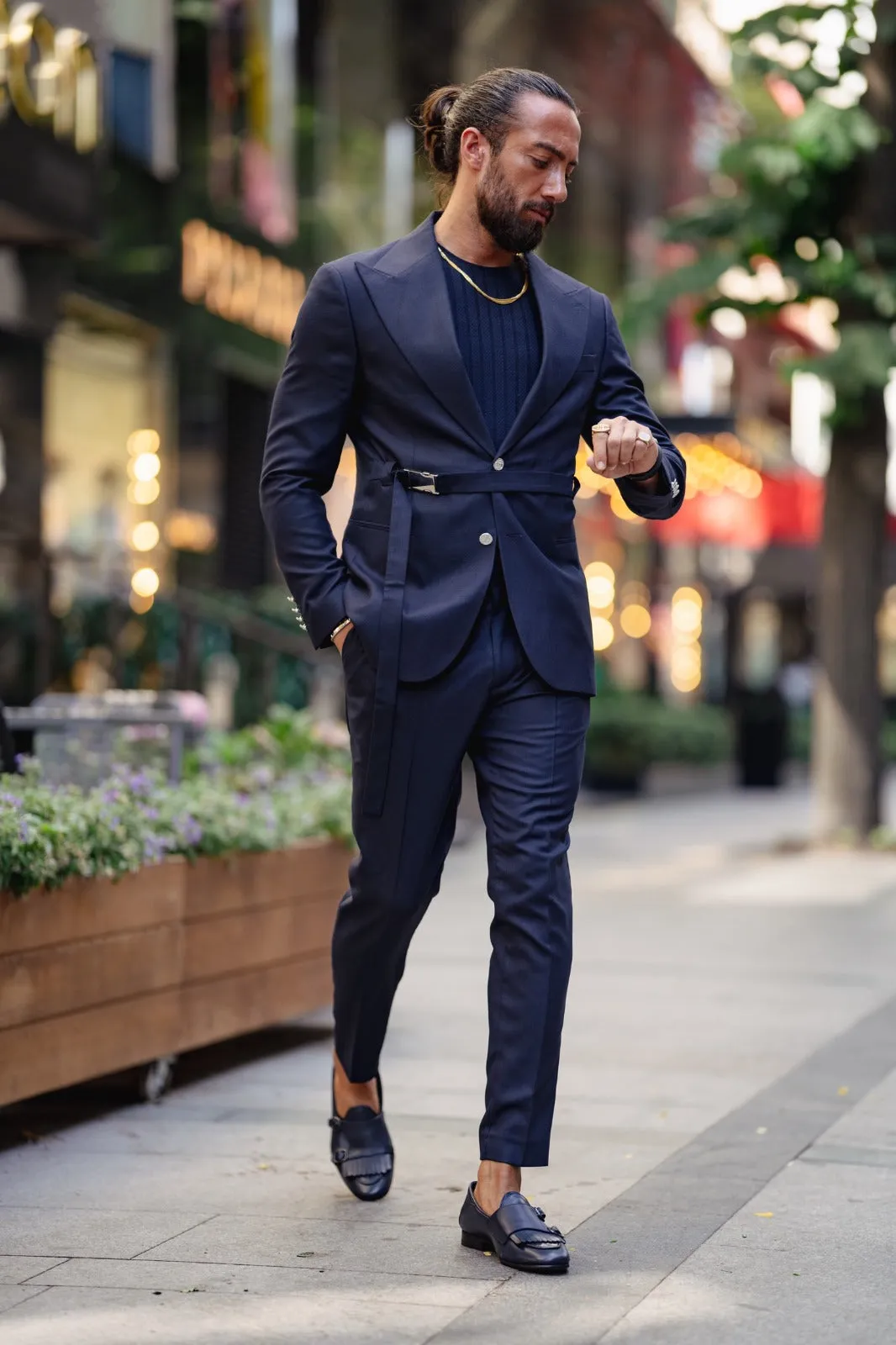 Vespo Navy Blue Buckle Suit - Perfect for Every Occasion