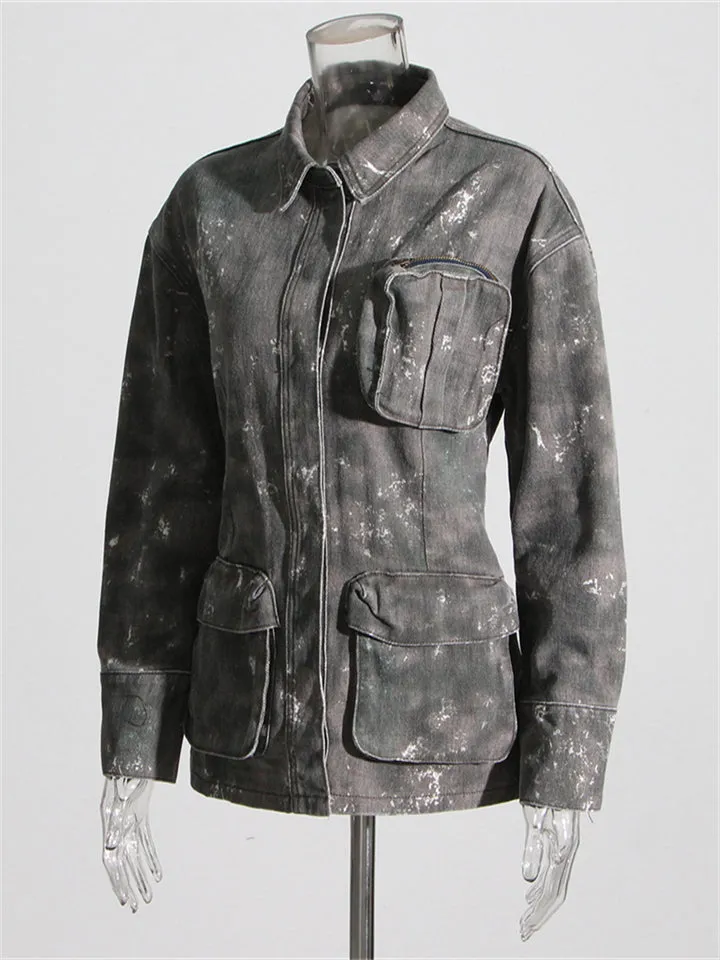 Vintage Grey Camouflage Military Tactical Coat for Women