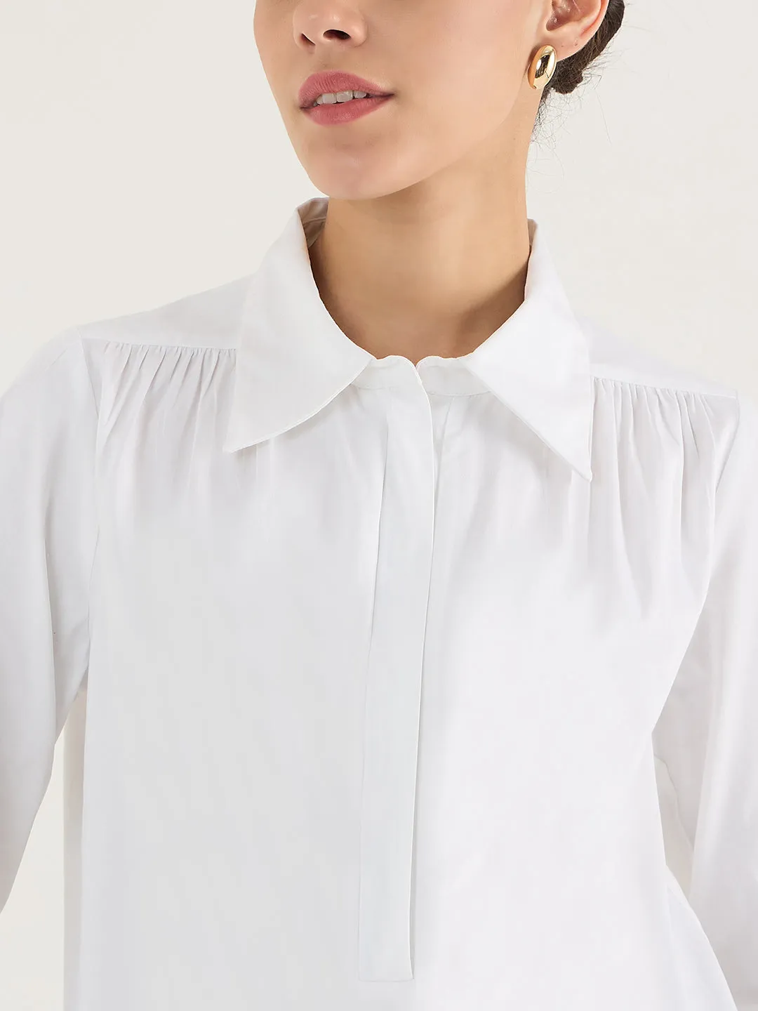 White Half Zipper Cotton Top