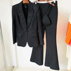 Women Black Bling Bling Bra  Blazer   Flare Trousers 3 Pieces Suit