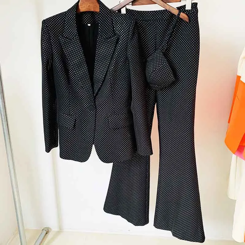 Women Black Bling Bling Bra  Blazer   Flare Trousers 3 Pieces Suit