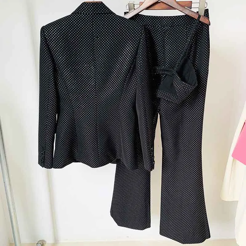 Women Black Bling Bling Bra  Blazer   Flare Trousers 3 Pieces Suit