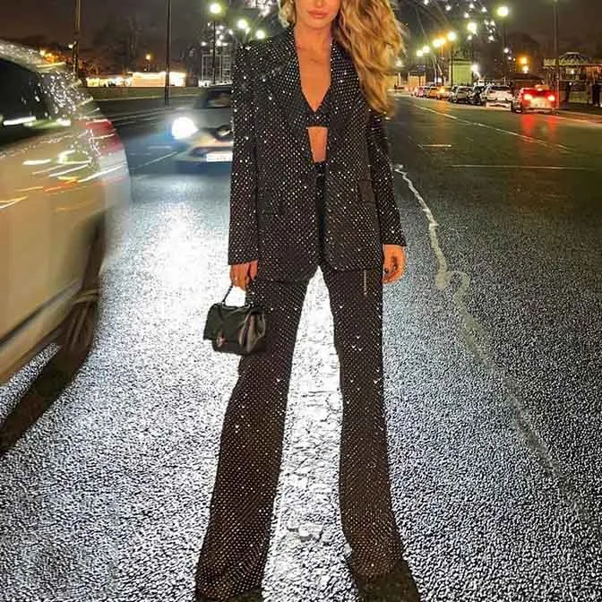 Women Black Bling Bling Bra  Blazer   Flare Trousers 3 Pieces Suit