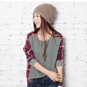 Women Checked Long Sleeve Sweatshirts Casual Loose Tops Blouse O Neck Pullover high
