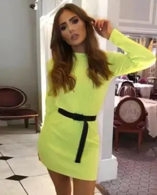 Women Dress Pullovers Fashion Neon Knitted O-Neck Solid Mini Long Sleeve Bodycon
