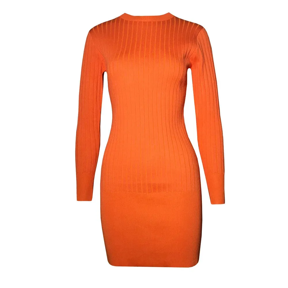 Women Dress Pullovers Fashion Neon Knitted O-Neck Solid Mini Long Sleeve Bodycon