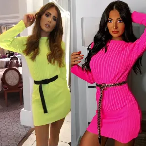 Women Dress Pullovers Fashion Neon Knitted O-Neck Solid Mini Long Sleeve Bodycon