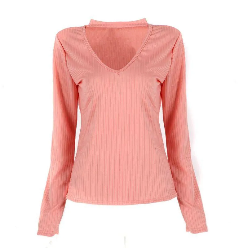 Women Elegant halter knitted sweater Elastic Sweater pullover women Slim v neck knitting jumper casual tops