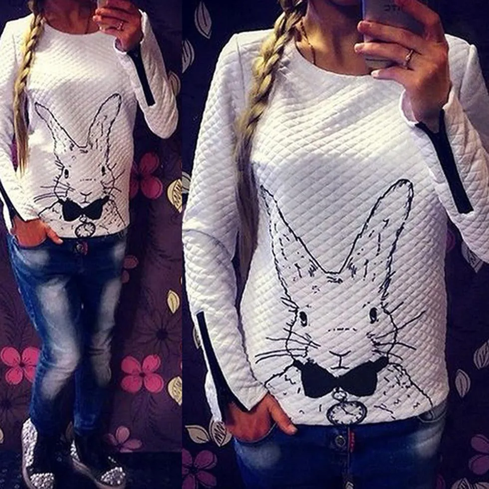 Women Femal Winter Rabbit Printed Long Sleeve Pullover Tops Outwear Shirt Sweaters S M L XL XXL