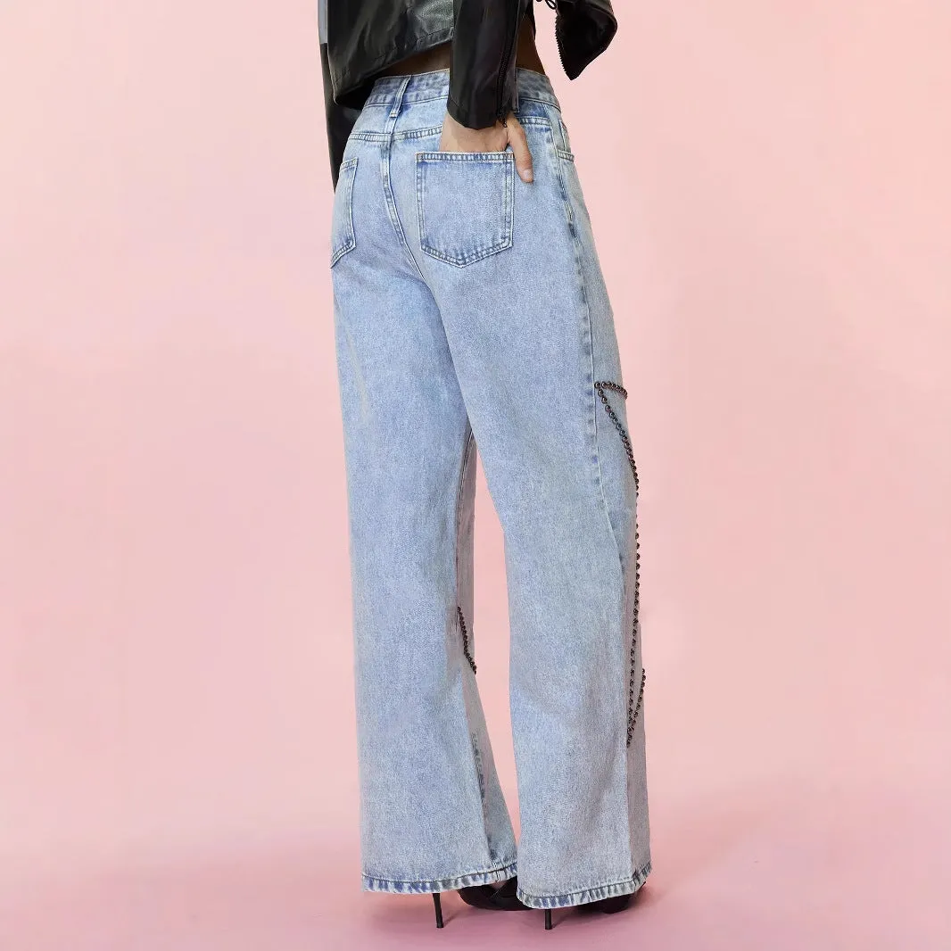 Women Loose Retro Beaded Jeans