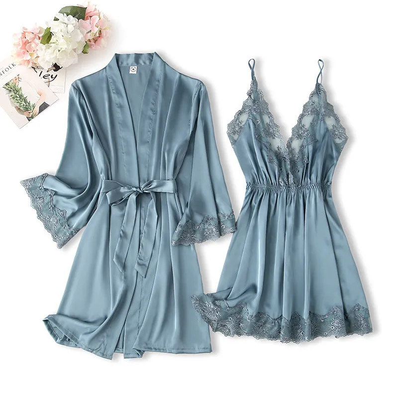 Women's Artificial Silk Pajamas With Lace Spring And Summer