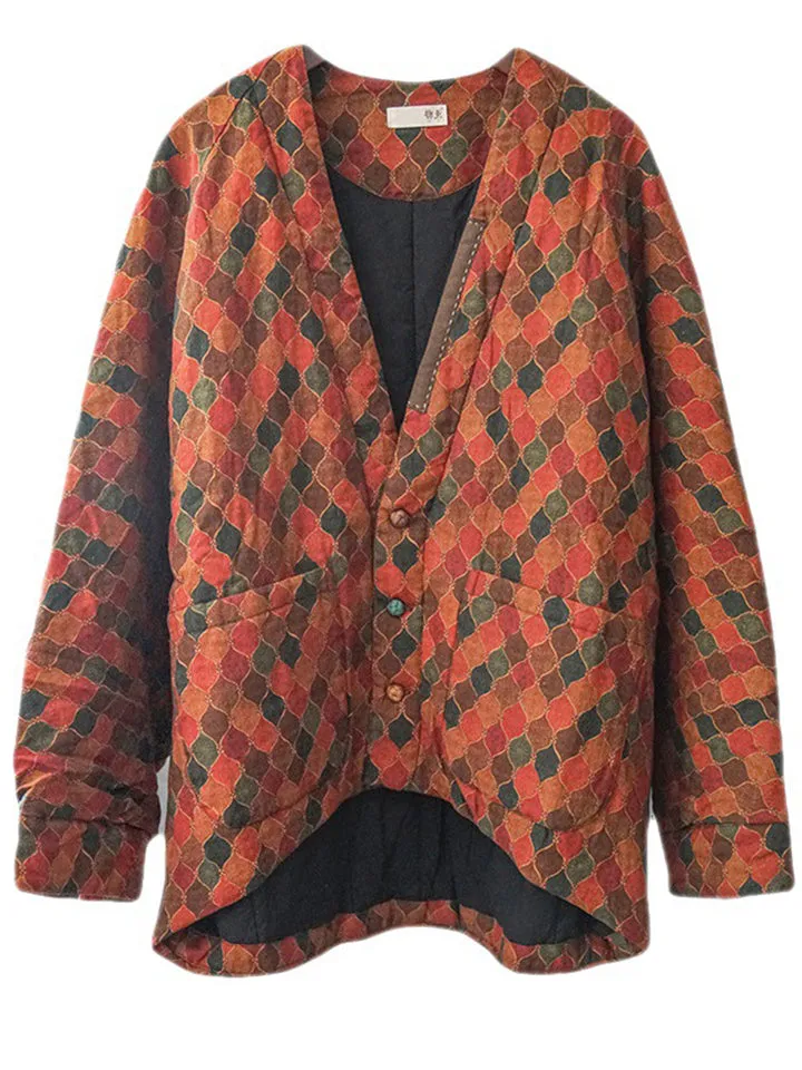 Women's Colorful Plaid V Neck Batwing Sleeve Cotton Padded Coat