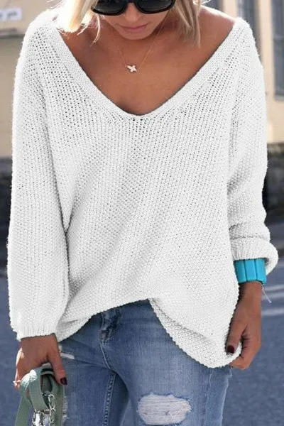 Womens Cute Elegant V Neck Loose Casual Knit Sweater Pullover Long Sleeve Spring Sweater Tops sueter mujer