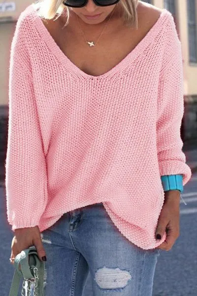 Womens Cute Elegant V Neck Loose Casual Knit Sweater Pullover Long Sleeve Spring Sweater Tops sueter mujer