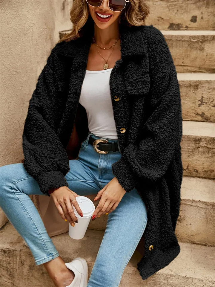 Women's Cute Fluffy Lapel Button Mid-Length Coat