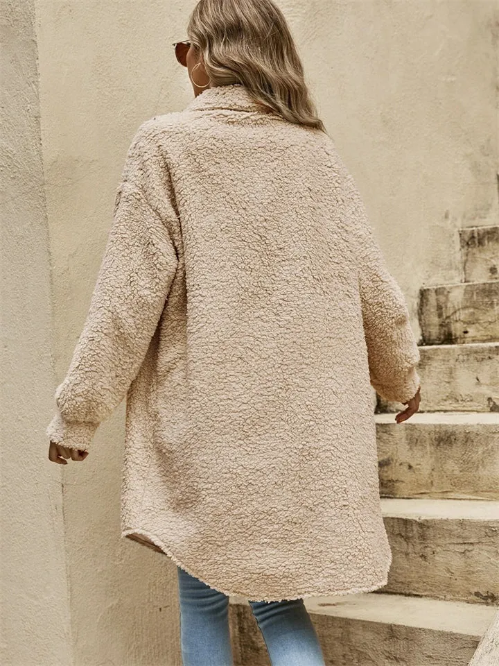 Women's Cute Fluffy Lapel Button Mid-Length Coat