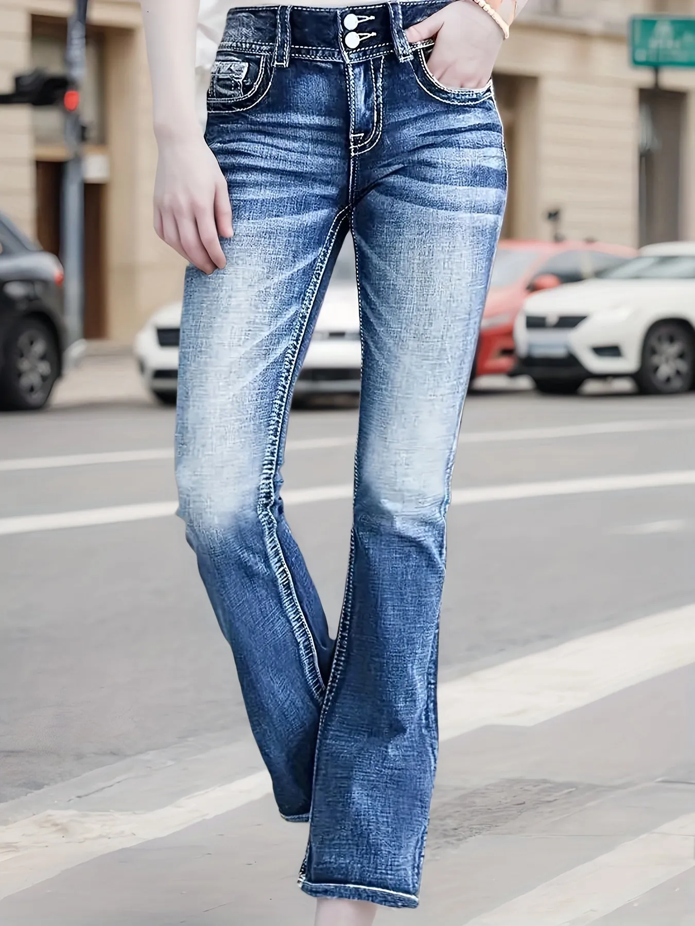 Women’s High-Waisted Elastic Embroidered Flared Jeans – Slim Fit & Comfortable