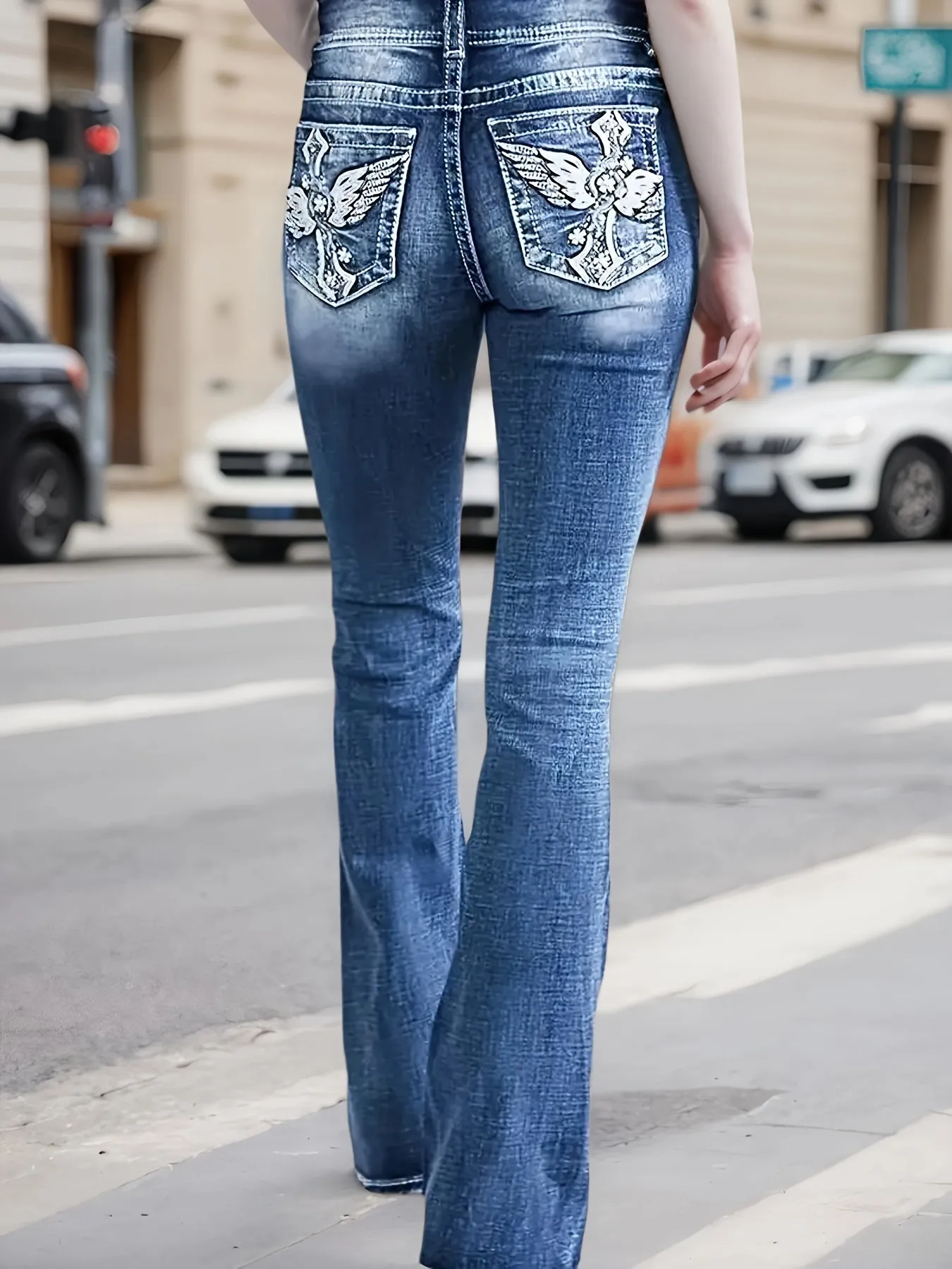 Women’s High-Waisted Elastic Embroidered Flared Jeans – Slim Fit & Comfortable