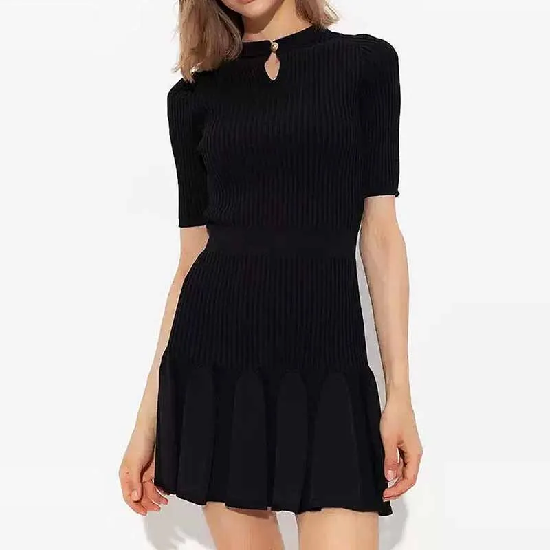 Women's Knitted Skater Short Dress Ribbed Mini Dress in Black