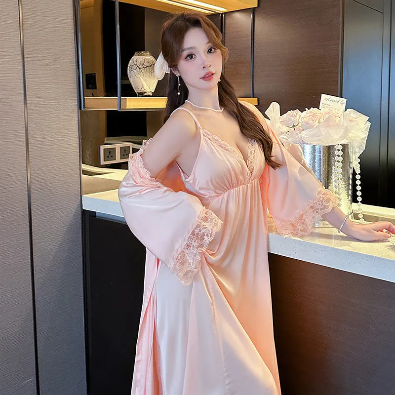 Women's Long Sleeve Two-piece Suit Silk Pajamas With Chest Pad