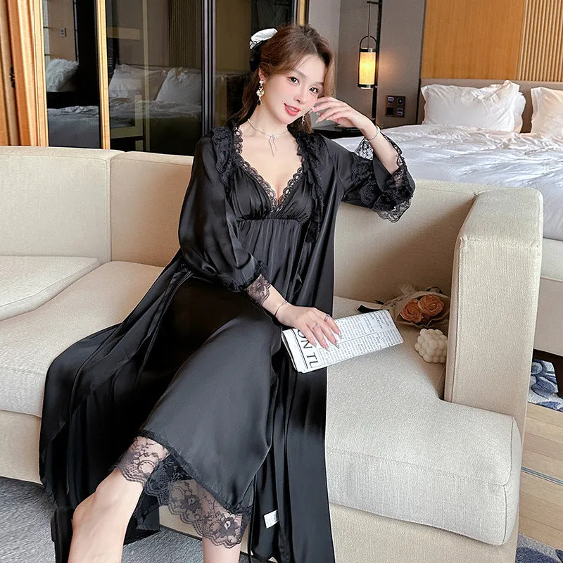 Women's Long Sleeve Two-piece Suit Silk Pajamas With Chest Pad