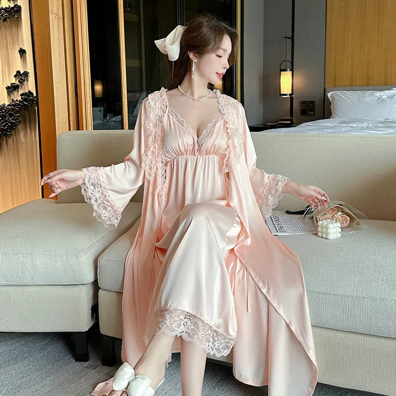 Women's Long Sleeve Two-piece Suit Silk Pajamas With Chest Pad