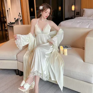 Women's Long Sleeve Two-piece Suit Silk Pajamas With Chest Pad