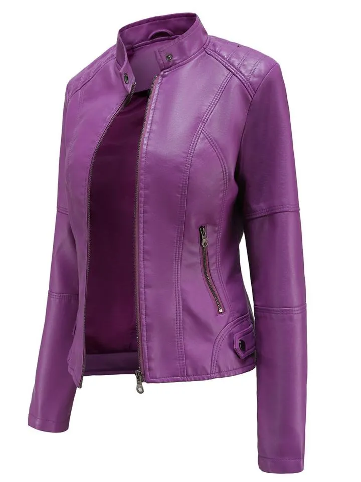 Women's PU Leather Stand Collar Slim Jacket