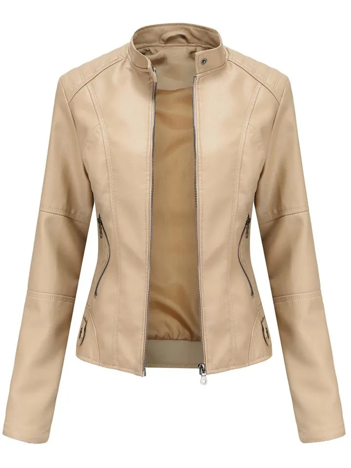 Women's PU Leather Stand Collar Slim Jacket