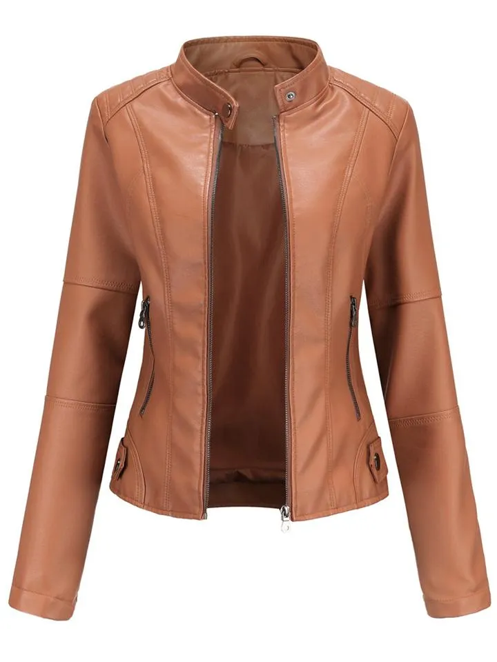 Women's PU Leather Stand Collar Slim Jacket