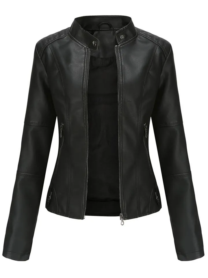 Women's PU Leather Stand Collar Slim Jacket