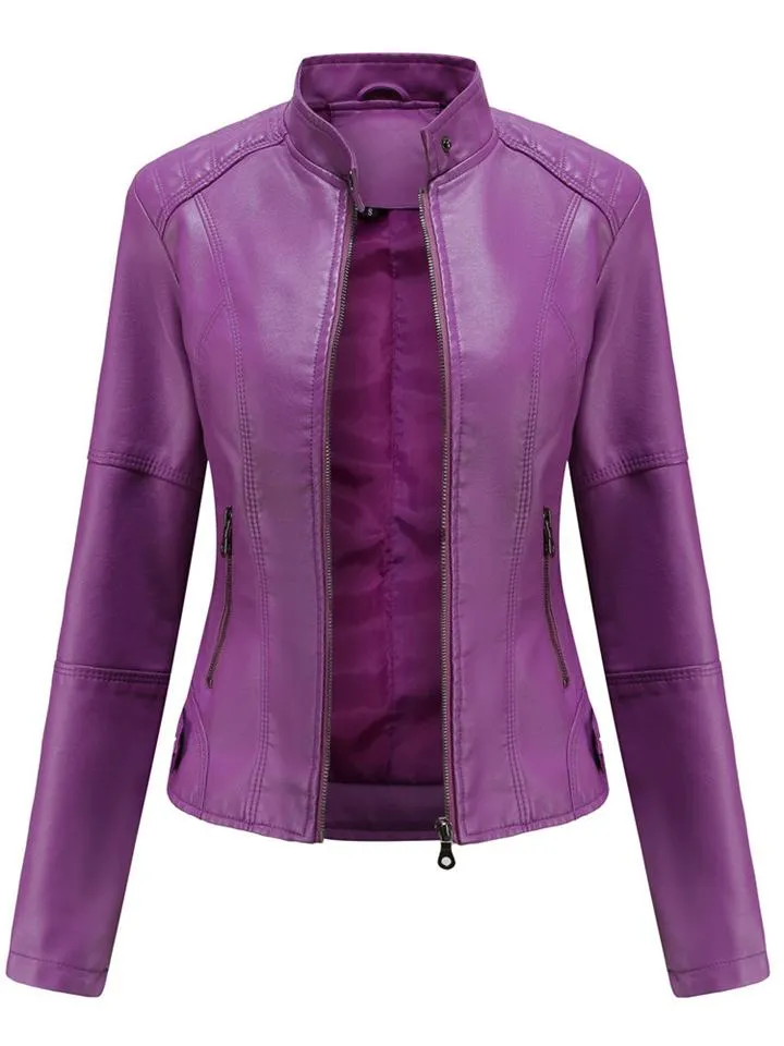 Women's PU Leather Stand Collar Slim Jacket